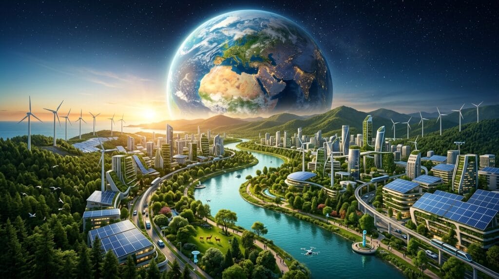 Earth surrounded by green forests, clean energy technologies, AI systems, and sustainable cities symbolizing World Environment Day 2026.