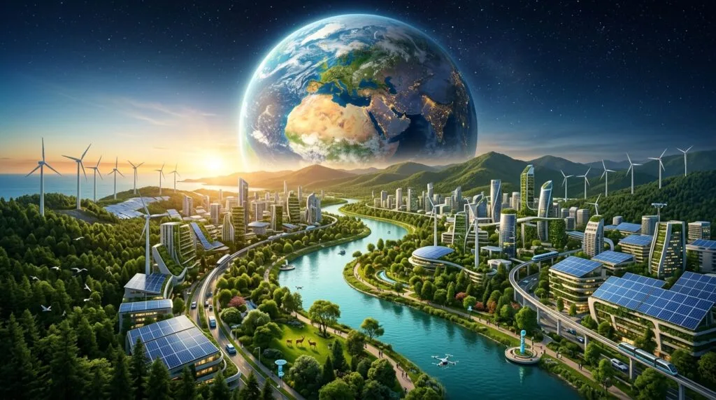 Earth surrounded by green forests, clean energy technologies, AI systems, and sustainable cities symbolizing World Environment Day 2026.