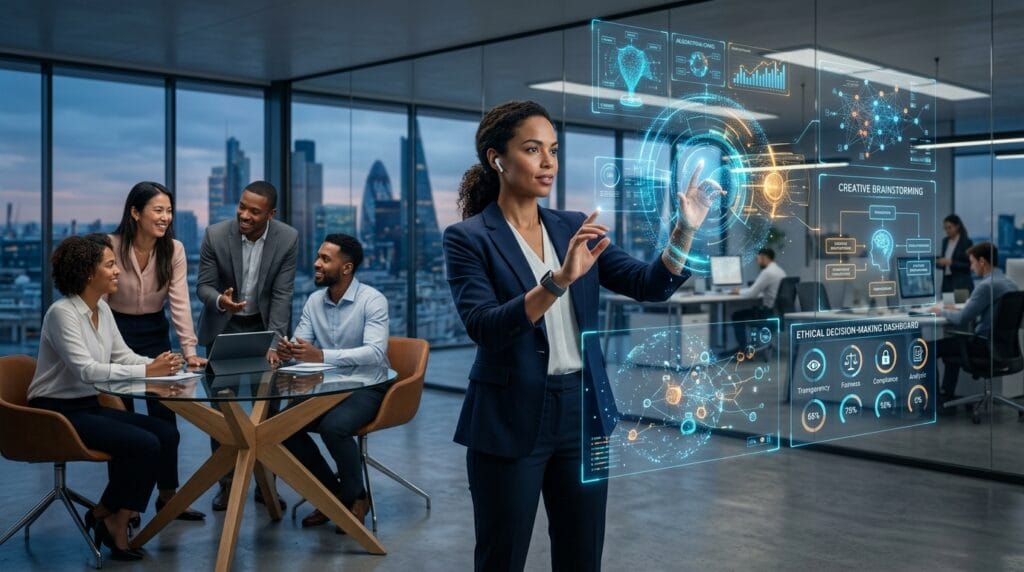 Human professional collaborating with AI technology in a futuristic workplace, showcasing creativity, emotional intelligence, and leadership skills in 2026