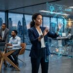 Human professional collaborating with AI technology in a futuristic workplace, showcasing creativity, emotional intelligence, and leadership skills in 2026
