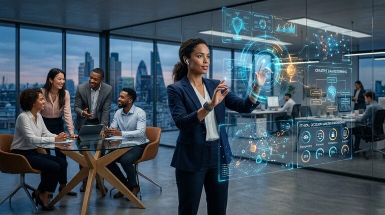 Human professional collaborating with AI technology in a futuristic workplace, showcasing creativity, emotional intelligence, and leadership skills in 2026